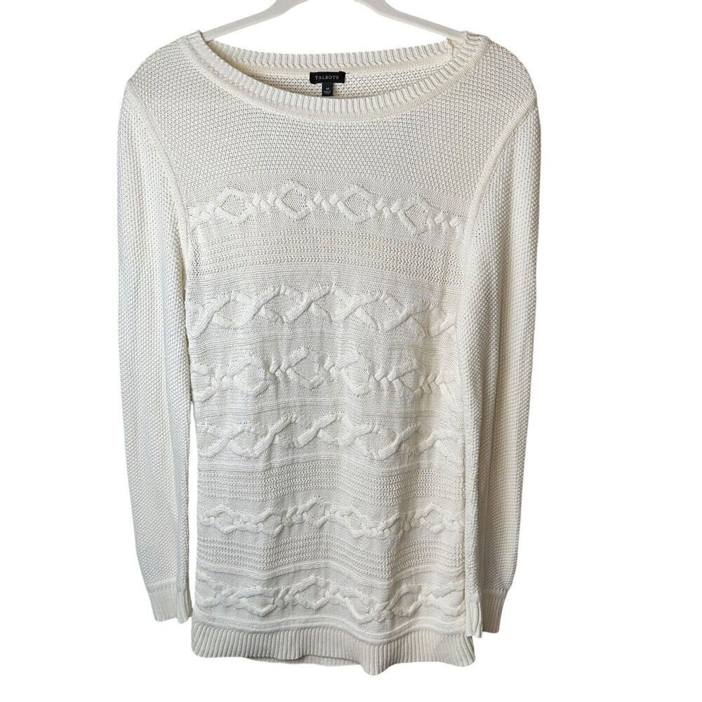 Talbots Cream Cotton Textured Cable Knit Tunic Sweater Button Sleeve Size Medium